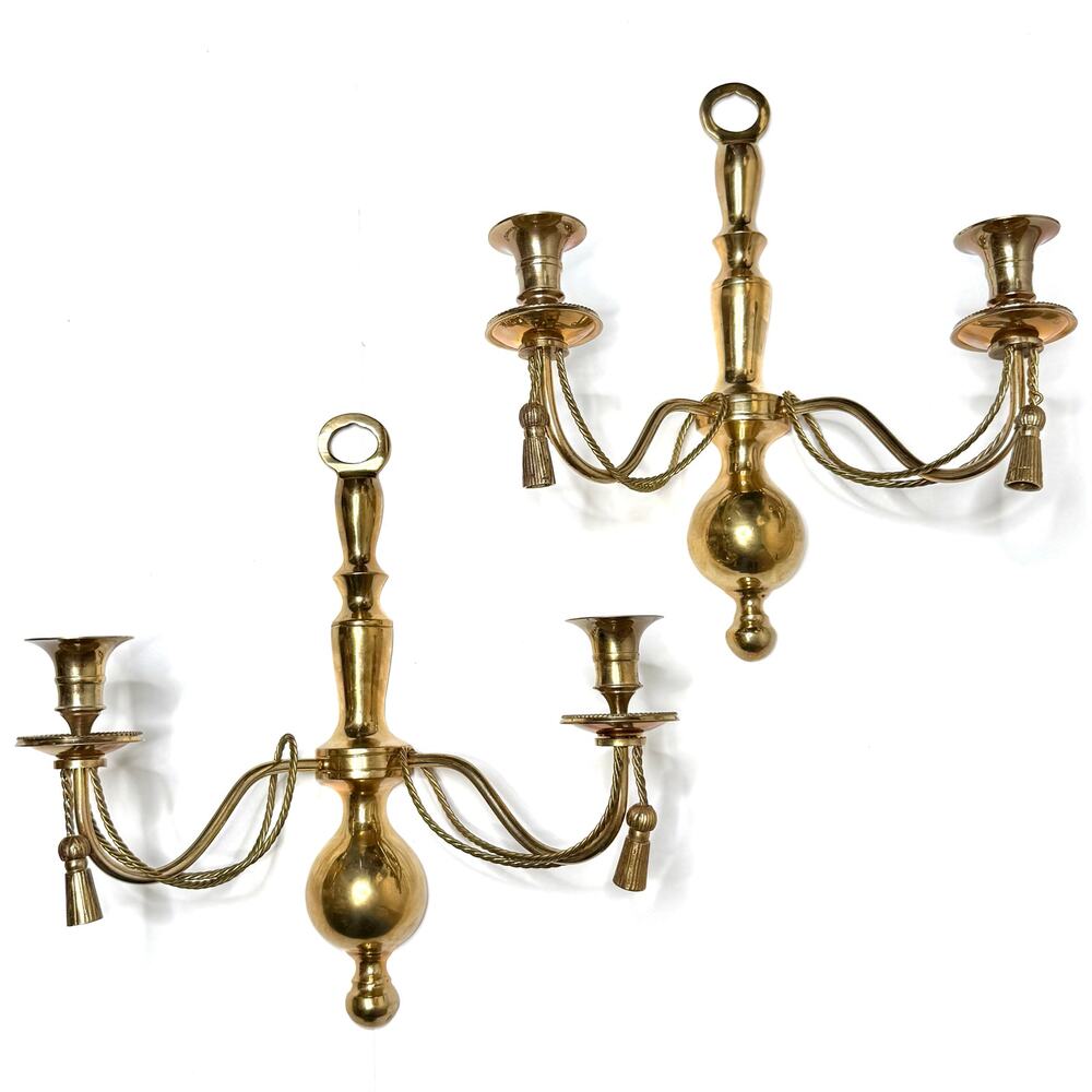 Pair of 2 Vintage Brass Candelabra Wall Sconces Hollywood Regency Candle Holders